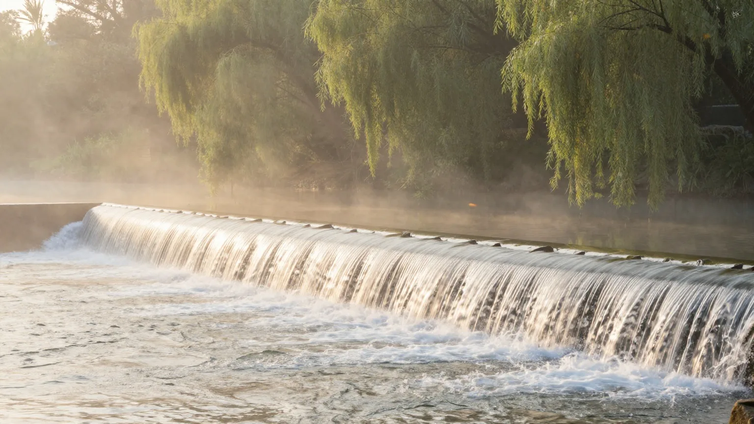 Kleines Wehr eines Wasserkraftwerks an einem ruhigen Fluss im Morgennebel, Weiden am Ufer