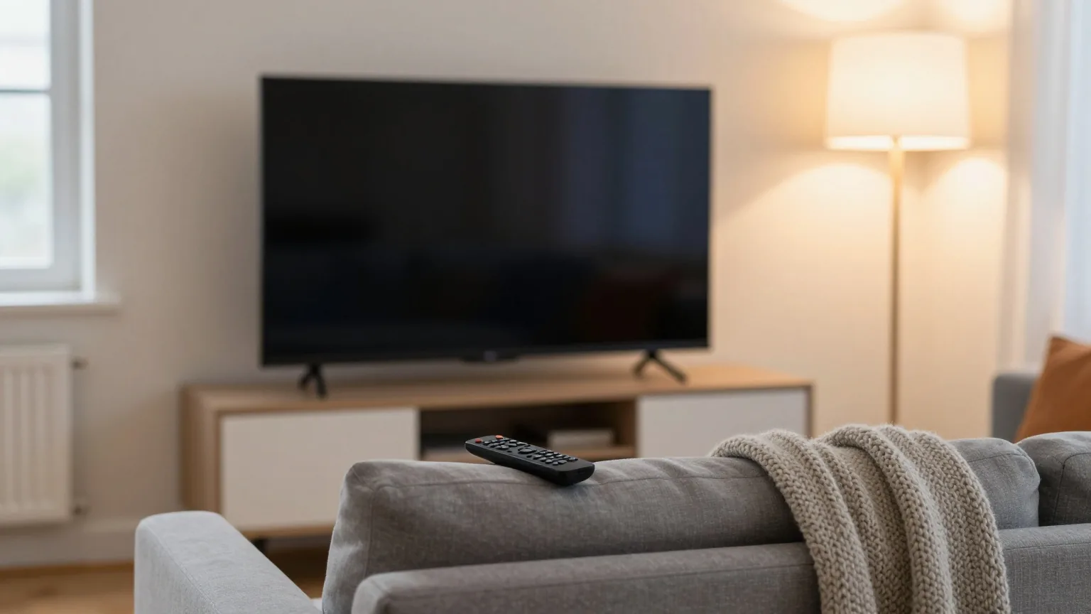 Wohnzimmer am Abend mit ausgeschaltetem Fernseher, Fernbedienung auf der Sofalehne