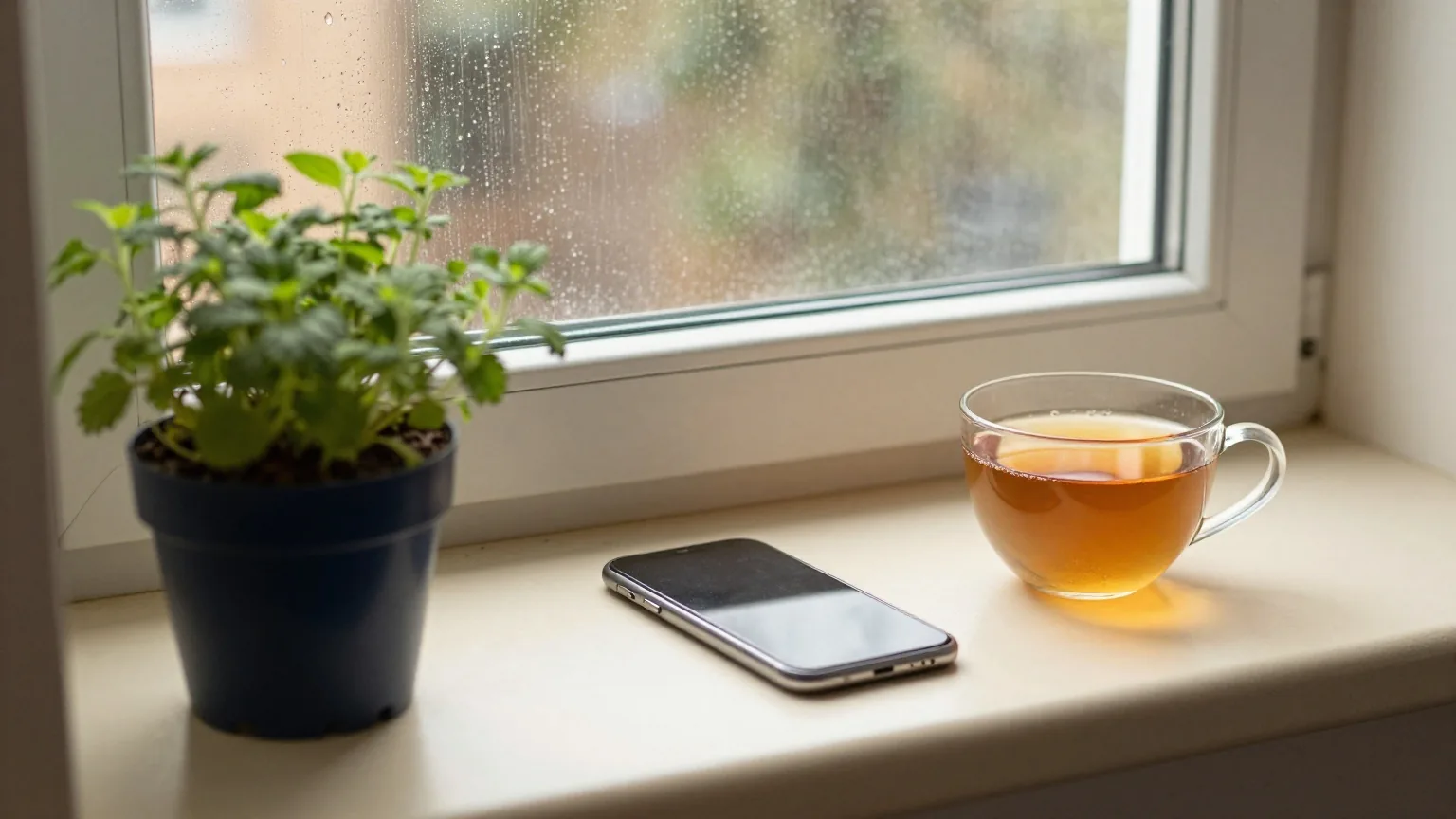 Küchenfensterbank mit Kräutertöpfen, daneben ein Smartphone mit ausgeschaltetem Bildschirm und eine Tasse Tee, graues Regenlicht am Nachmittag