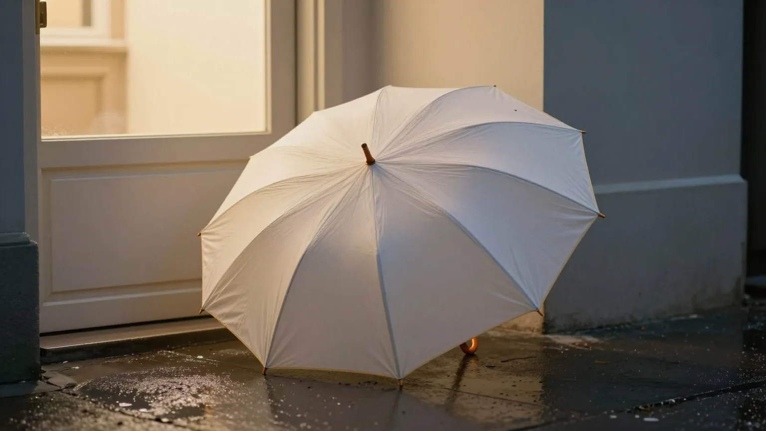 Aufgespannter Regenschirm auf nassem Pflaster neben einem warm beleuchteten Hauseingang in der Dämmerung, Spiegelungen auf dem Boden