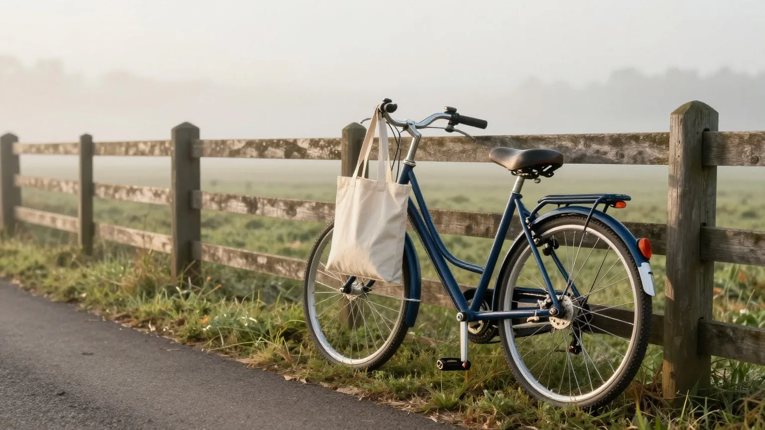 Fahrrad an einem Holzzaun neben einem ruhigen Feldweg, am Lenker hängt eine schlichte Stofftasche, über den Feldern liegt leichter Morgennebel