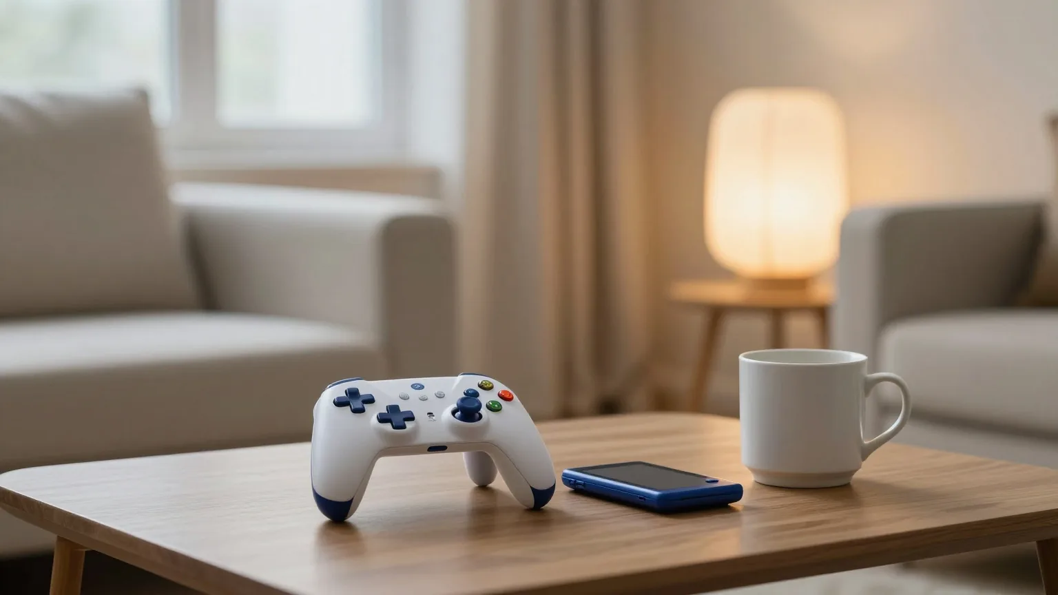 Spiele-Controller und eine kleine Handkonsole auf einem niedrigen Holztisch neben einer Tasse, eine Stehlampe leuchtet sanft im dämmrigen Wohnzimmer