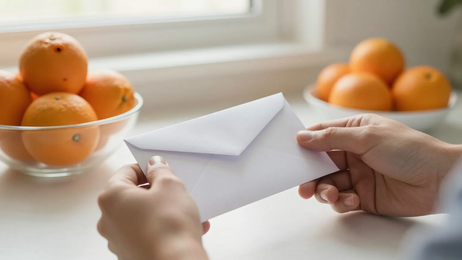 Zwei Hände verschließen einen weißen Briefumschlag an einer Küchentheke neben einer Schale Orangen, weiches Morgenlicht