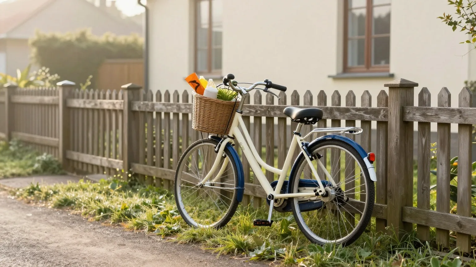Fahrrad mit Einkäufen im Frontkorb an einem Holzzaun in einer ruhigen Dorfstraße, frühes Morgenlicht und Tau auf dem Gras