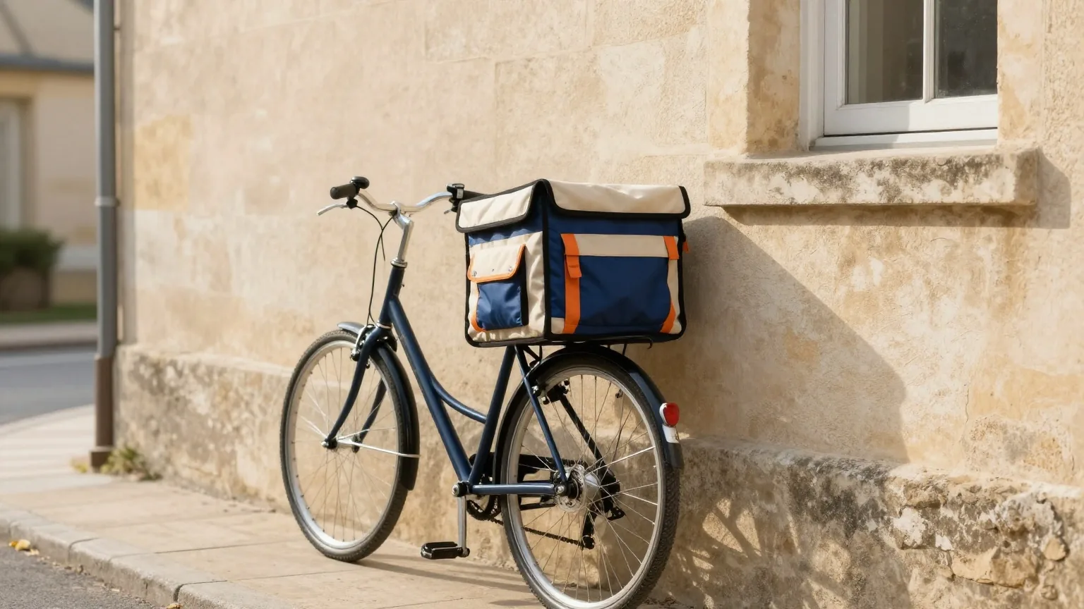 Segeltuchtasche am Lenker eines Fahrrads, das an einer Sandsteinmauer in einer ruhigen Altstadtgasse lehnt, tiefstehende Morgensonne