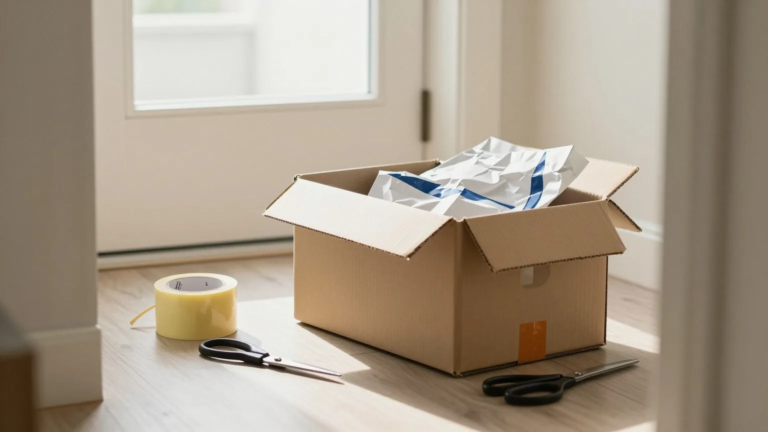 Offener Versandkarton mit Packpapier auf dem Flurboden neben einer Rolle Packband und einer Schere im Tageslicht der offenen Haustür