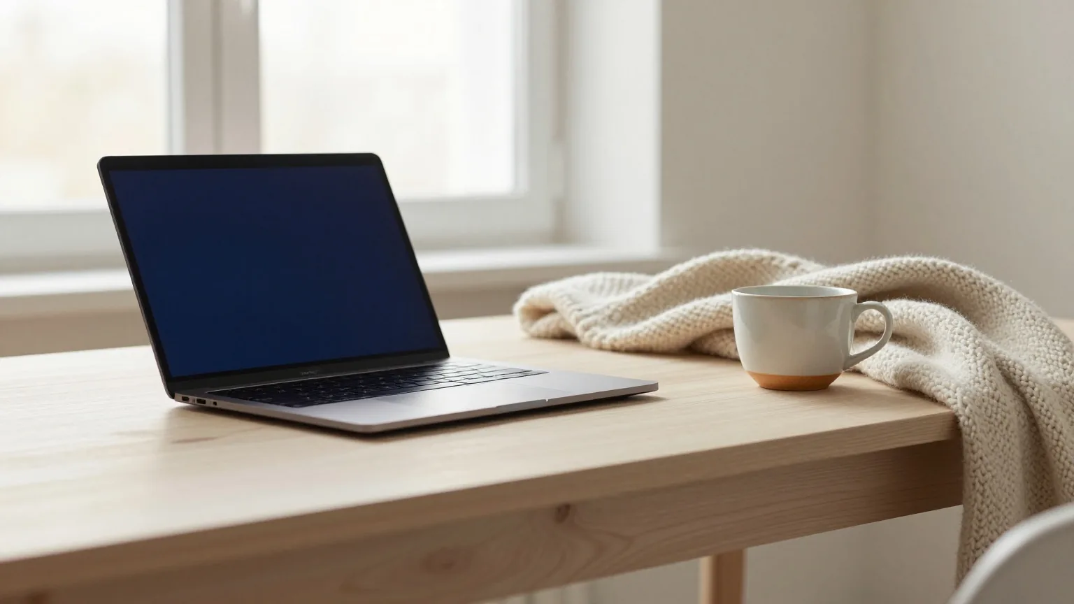 Heller Holztisch in einem skandinavisch eingerichteten Raum mit zugeklapptem Laptop, Wolldecke und Keramiktasse im weichen Licht eines bedeckten Tages
