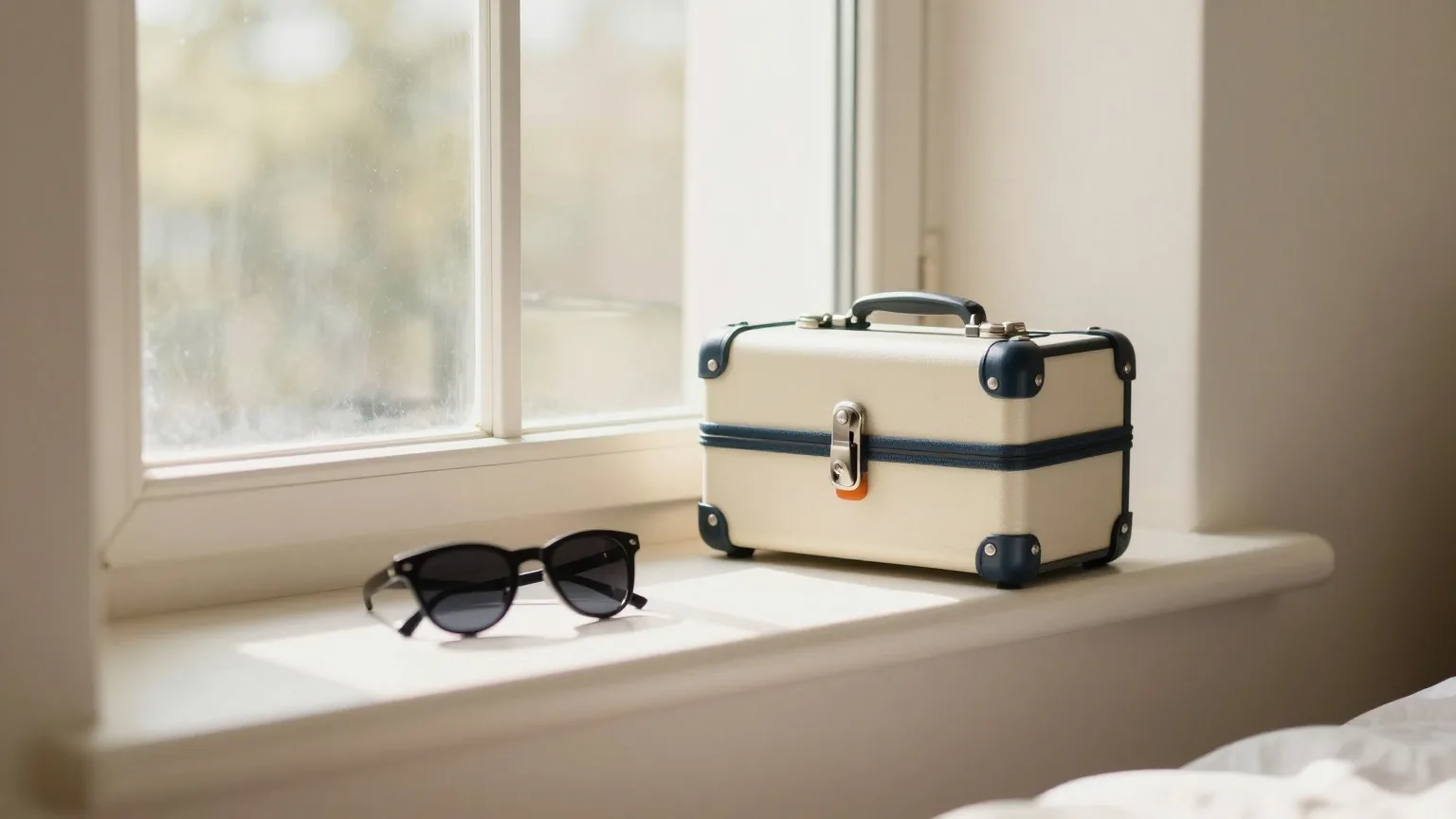 Kleiner Koffer und eine Sonnenbrille auf einer sonnigen Fensterbank in einem ruhigen Schlafzimmer, frühes Morgenlicht