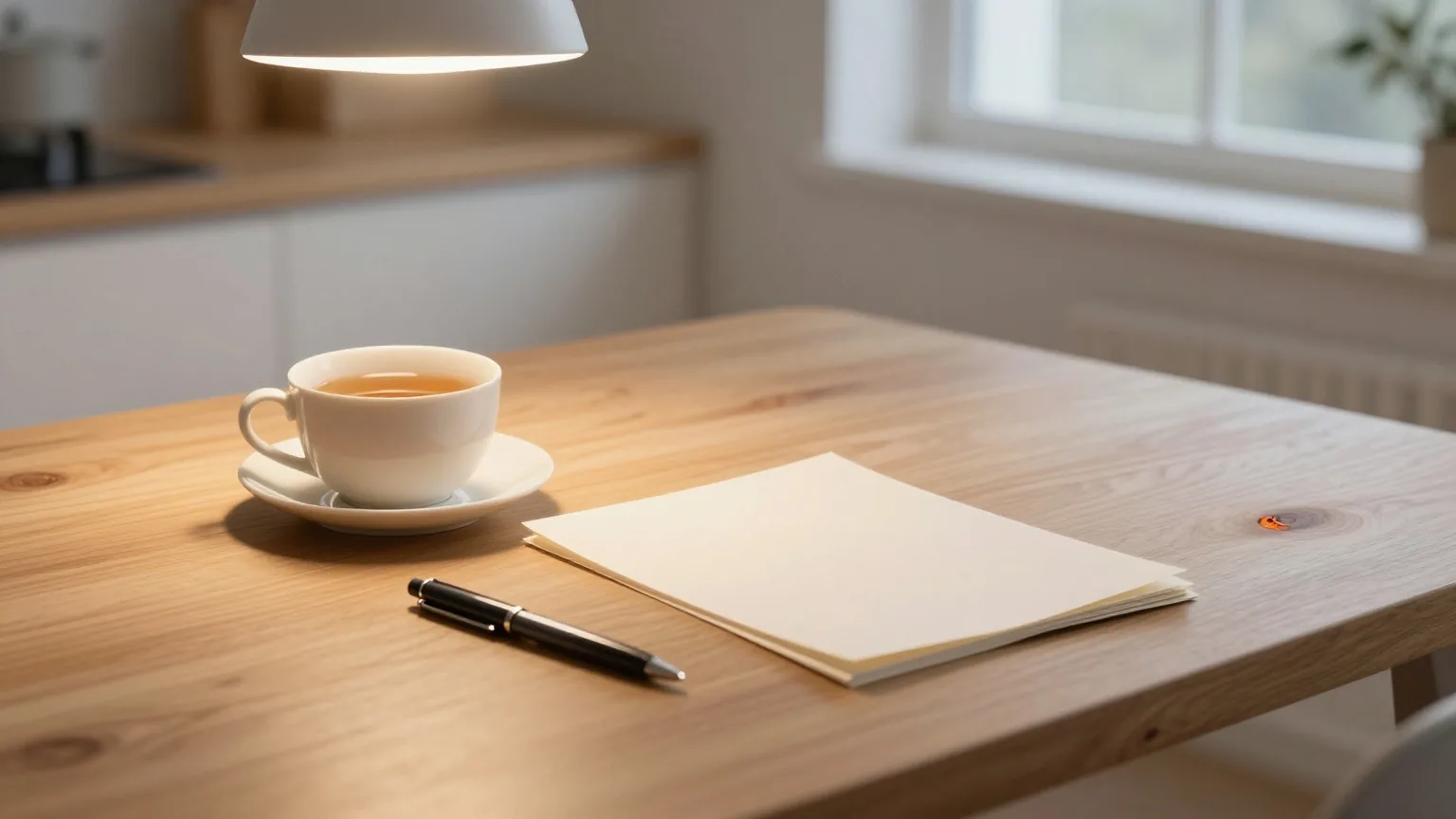 Holztisch in der Küche in der Abenddämmerung mit Teetasse, Stift und gefaltetem Blatt Papier unter einer warmen Hängelampe