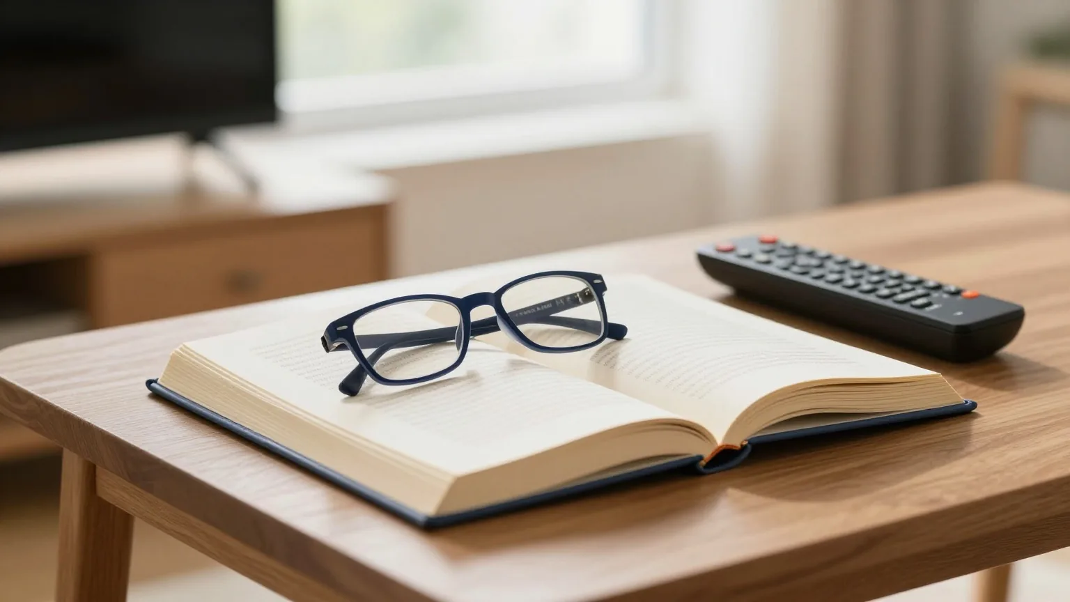 Lesebrille und Taschenbuch auf einem Holztisch neben einer Fernbedienung, weiches Morgenlicht vom Fenster