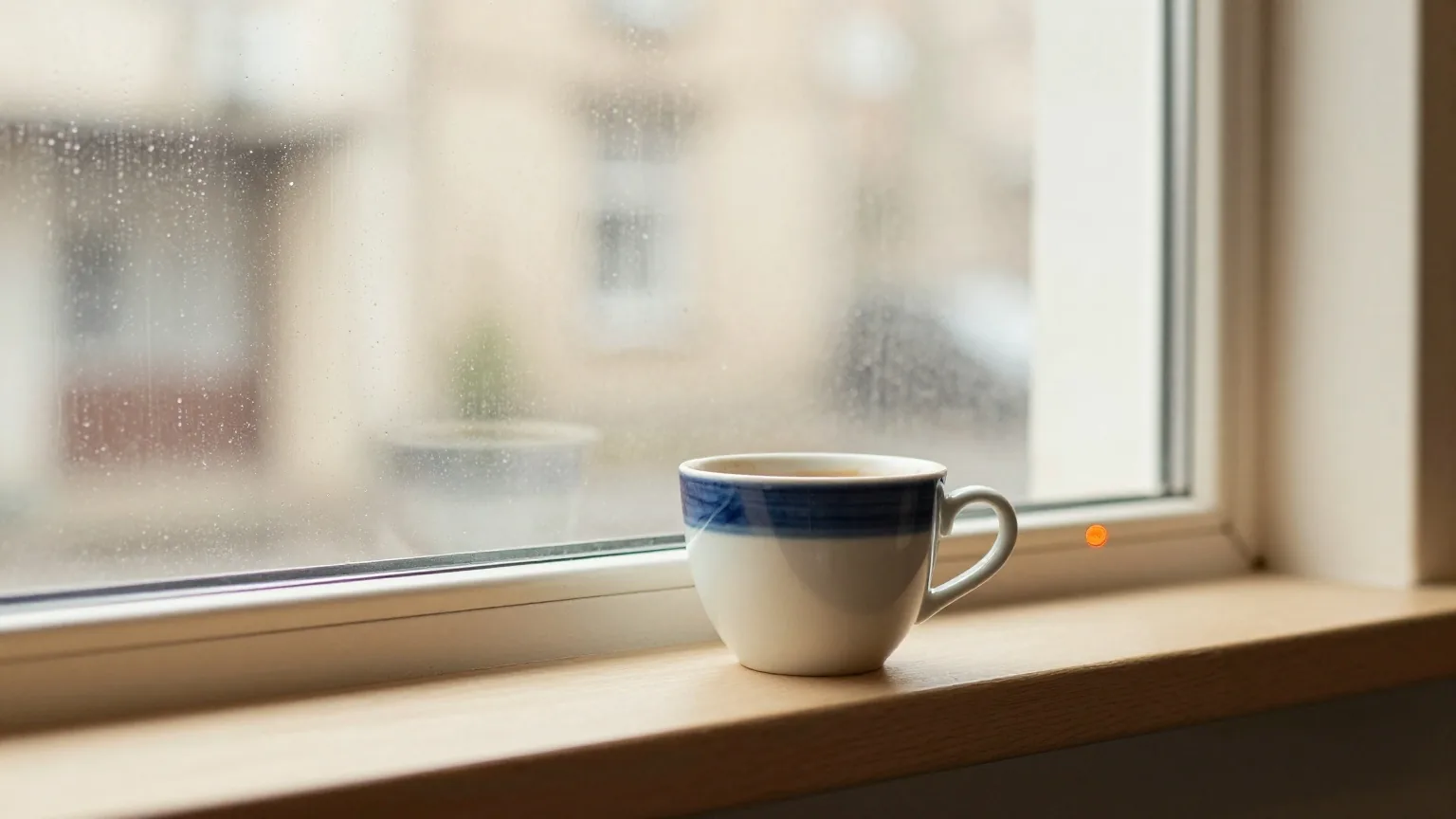 Blick aus einem ruhigen Café durch ein verregnetes Fenster, auf dem Fensterbrett steht eine Keramiktasse, weiches graues Nachmittagslicht