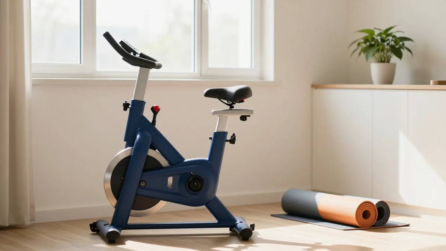 Ein Heimtrainer und eine aufgerollte Yogamatte in einer hellen Wohnzimmerecke, Morgenlicht fällt durchs Fenster, eine Pflanze im Regal