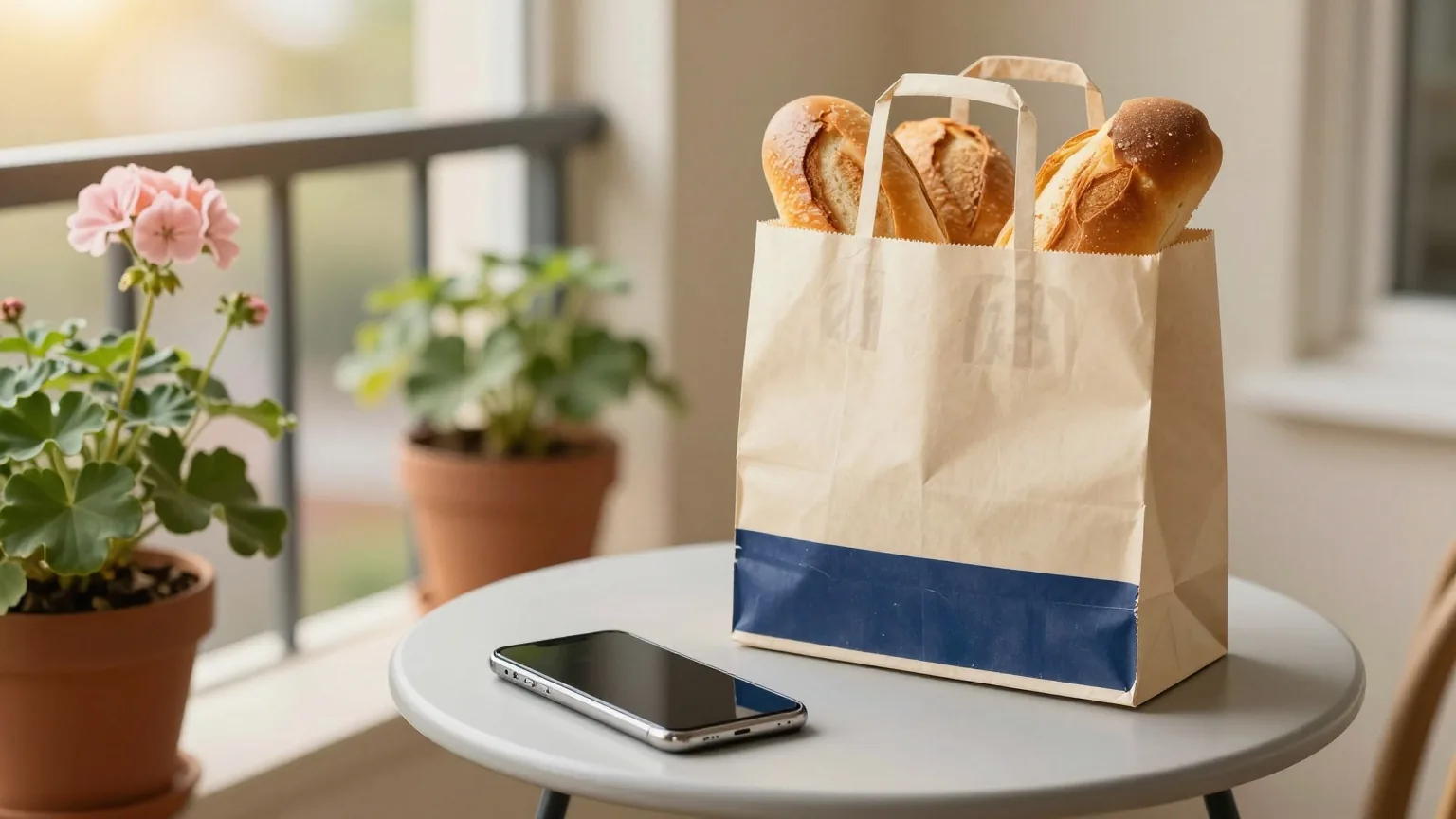 Papiertüte mit Brötchen auf einem kleinen Balkontisch neben einem Smartphone mit dunklem Display, Geranien im Topf, warme Nachmittagssonne