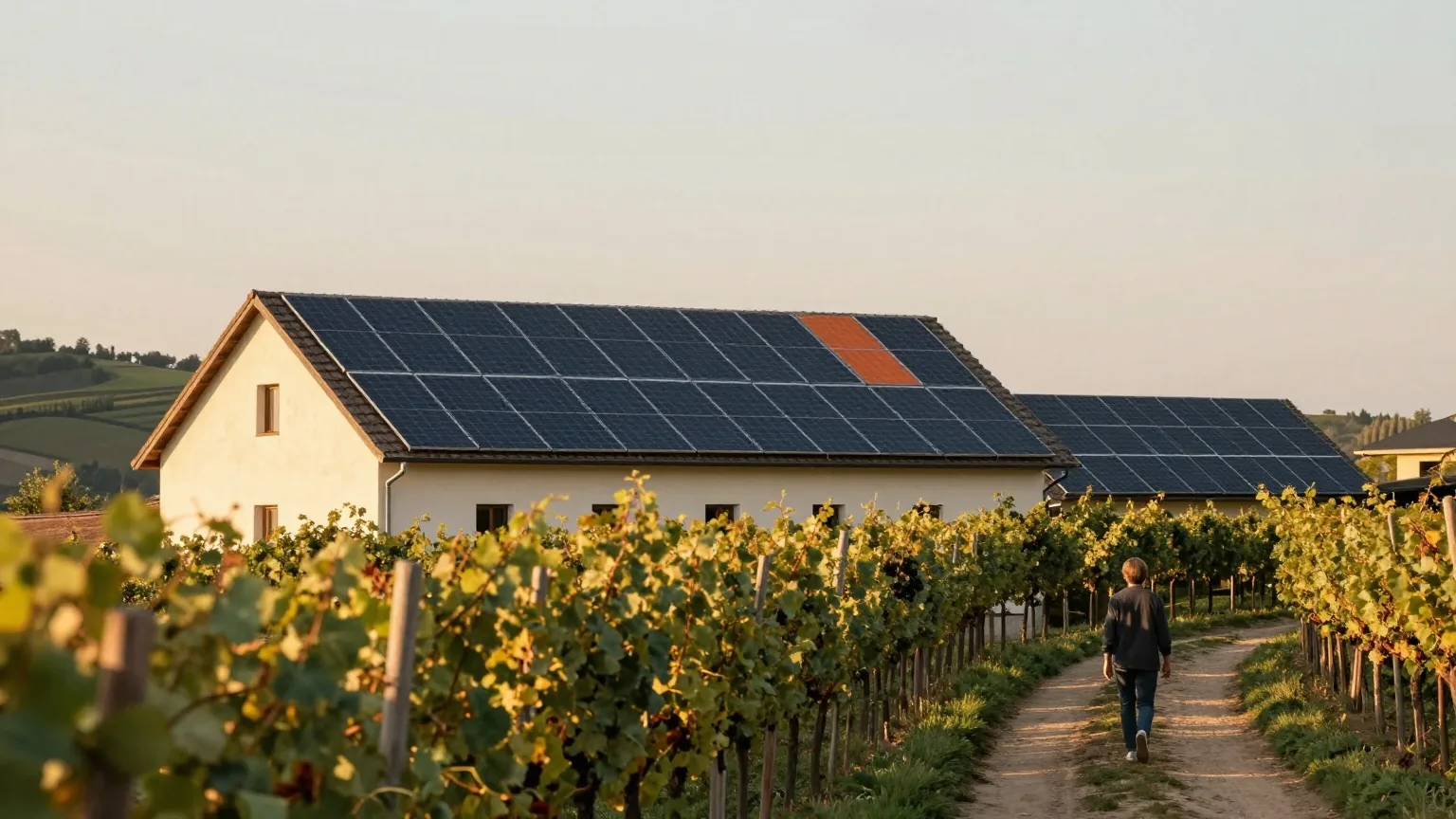 Sanfte Weinberghügel im warmen Abendlicht, ein Bauernhausdach mit Solarmodulen, eine Person auf einem Feldweg von hinten