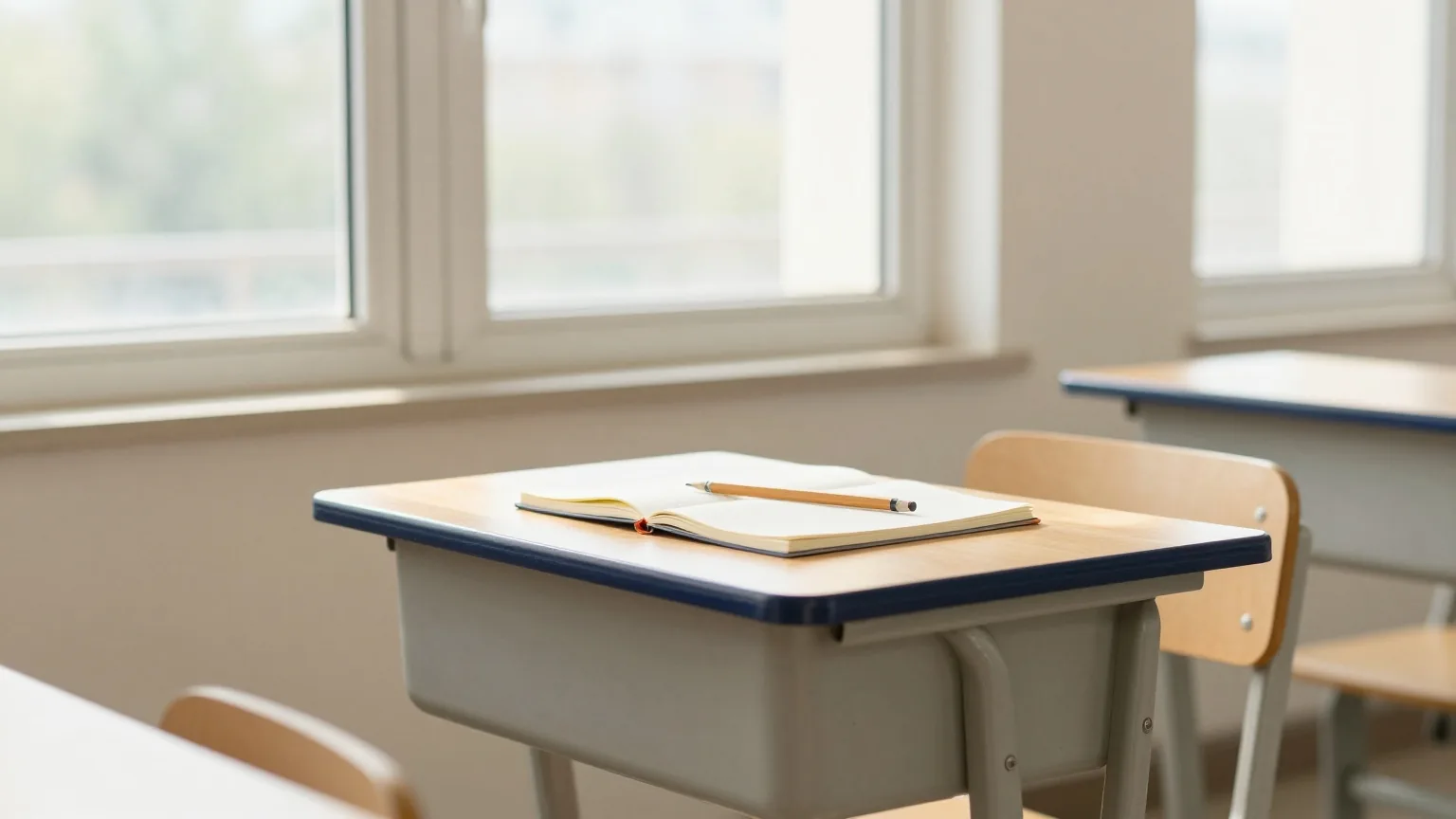 Kleiner Holztisch in einem leeren hellen Klassenzimmer mit einem geschlossenen Heft und einem Bleistift, Sonnenlicht durch hohe Fenster