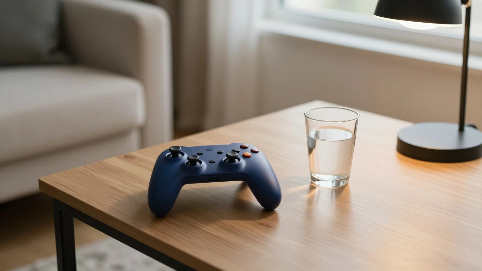 Gamepad auf einem Holztisch neben einem Wasserglas, gedimmte Stehlampe in einem stillen Wohnzimmer bei Nacht, von oben gesehen