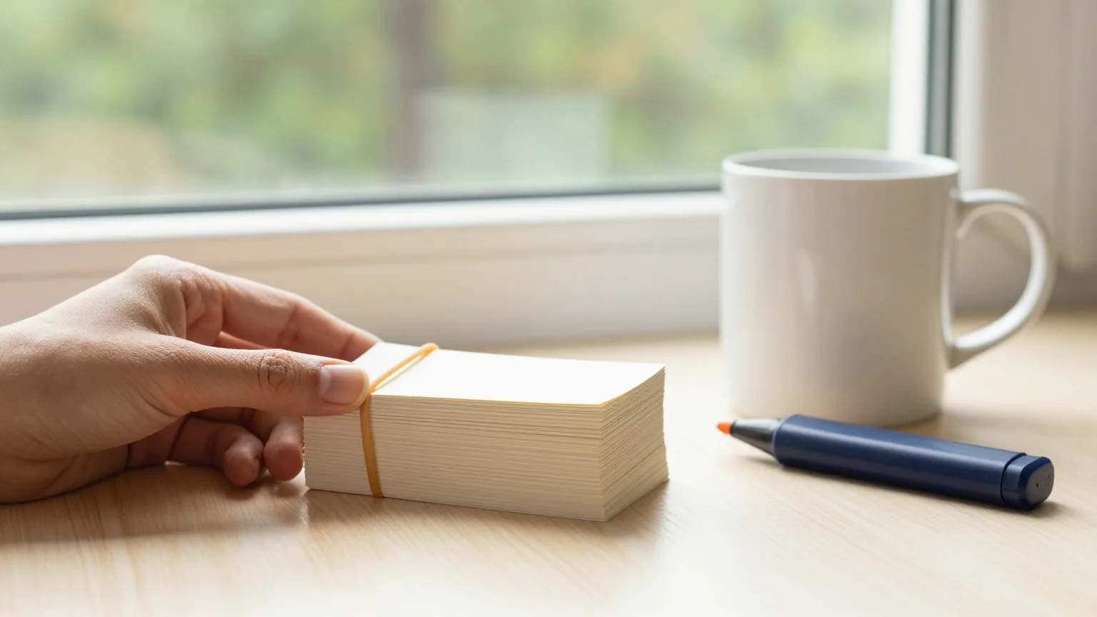 Ein Stapel leerer Karteikarten mit Gummiband neben einer Tasse und einem Textmarker auf einem hellen Schreibtisch, dahinter ein Fenster mit Bäumen, Nachmittagslicht