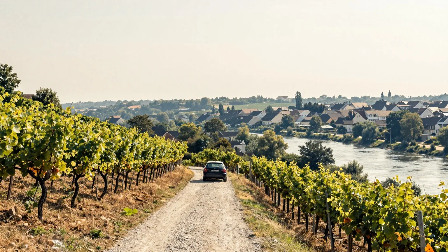Weinberg über einer Stadt am Fluss im dunstigen Spätsommerlicht, ein geparktes Auto auf einem Schotterweg zwischen den Reben
