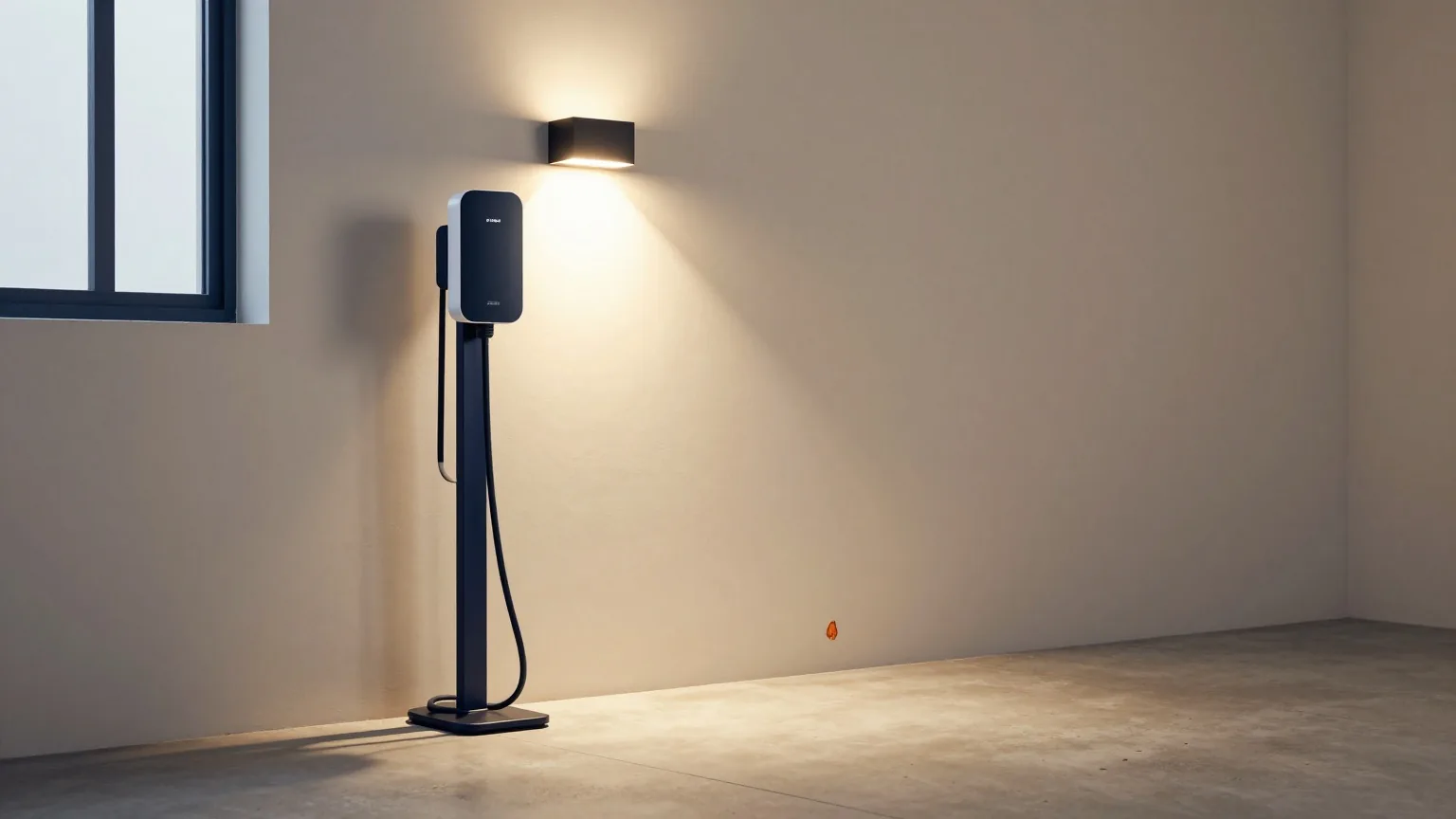 Elektroauto lädt nachts an einer Wallbox in einem ruhigen Carport, eine Wandleuchte wirft warmes Licht auf den Boden