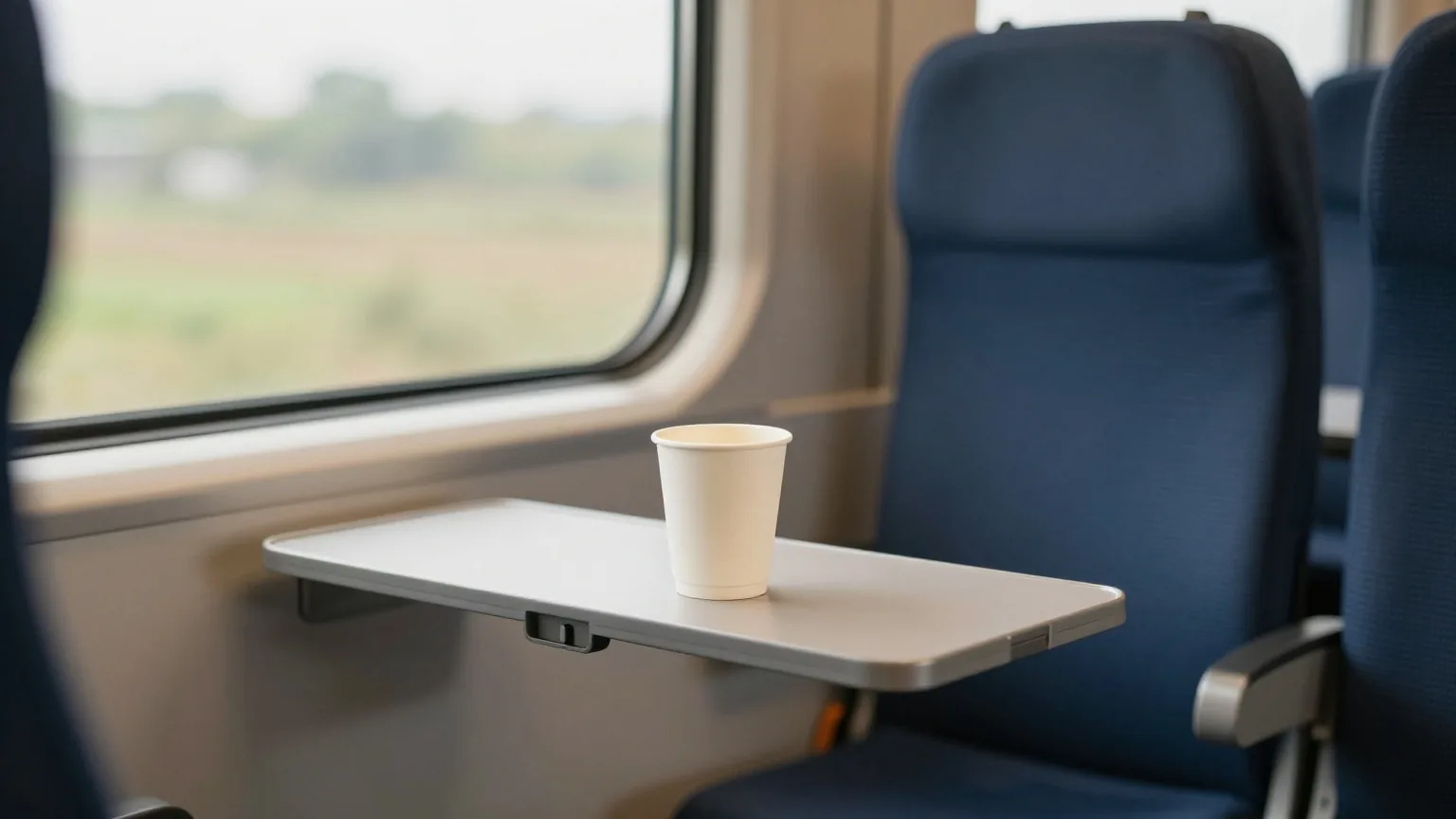 Sitzplatz am Zugfenster mit verschwommener Landschaft draußen und einem leeren Pappbecher auf dem Klapptisch im weichen Licht eines bedeckten Himmels
