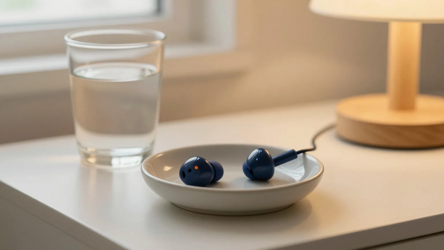 Kleine Ohrhörer in einer Keramikschale auf dem Nachttisch neben Wasserglas und Lampe im Abendlicht