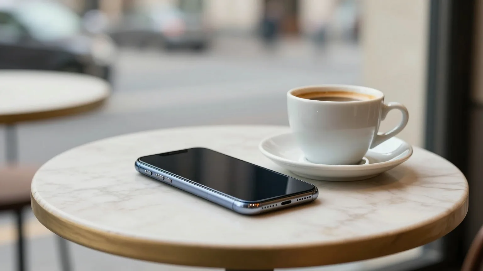 Smartphone mit ausgeschaltetem Display auf einem kleinen Marmortisch im Café neben einem Espresso, unscharfe Straße im Hintergrund