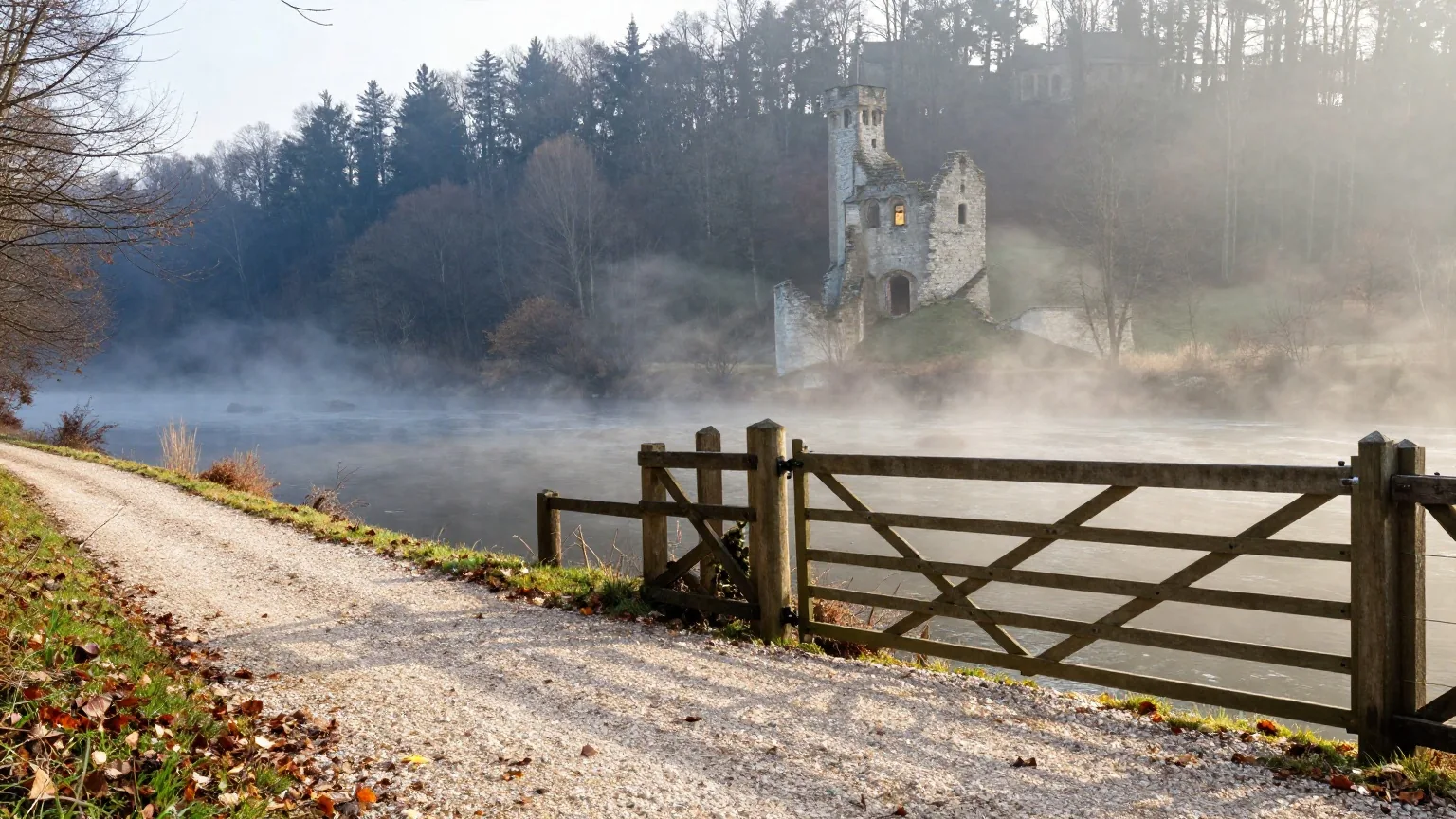 Ruhiger Uferweg unterhalb eines bewaldeten Hügels mit Burgruine, feiner Morgennebel, Laub auf dem Kies und ein geschlossenes Holztor, aus niedriger Perspektive