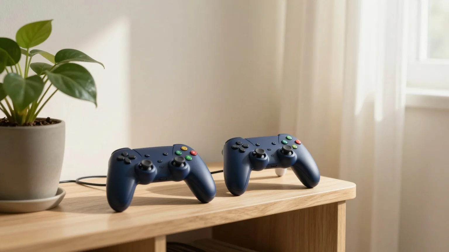 Zwei nicht angeschlossene Spielcontroller auf einem niedrigen Holzregal neben einer Zimmerpflanze in einem ruhigen Wohnzimmer, Licht am späten Nachmittag durch einen Vorhang