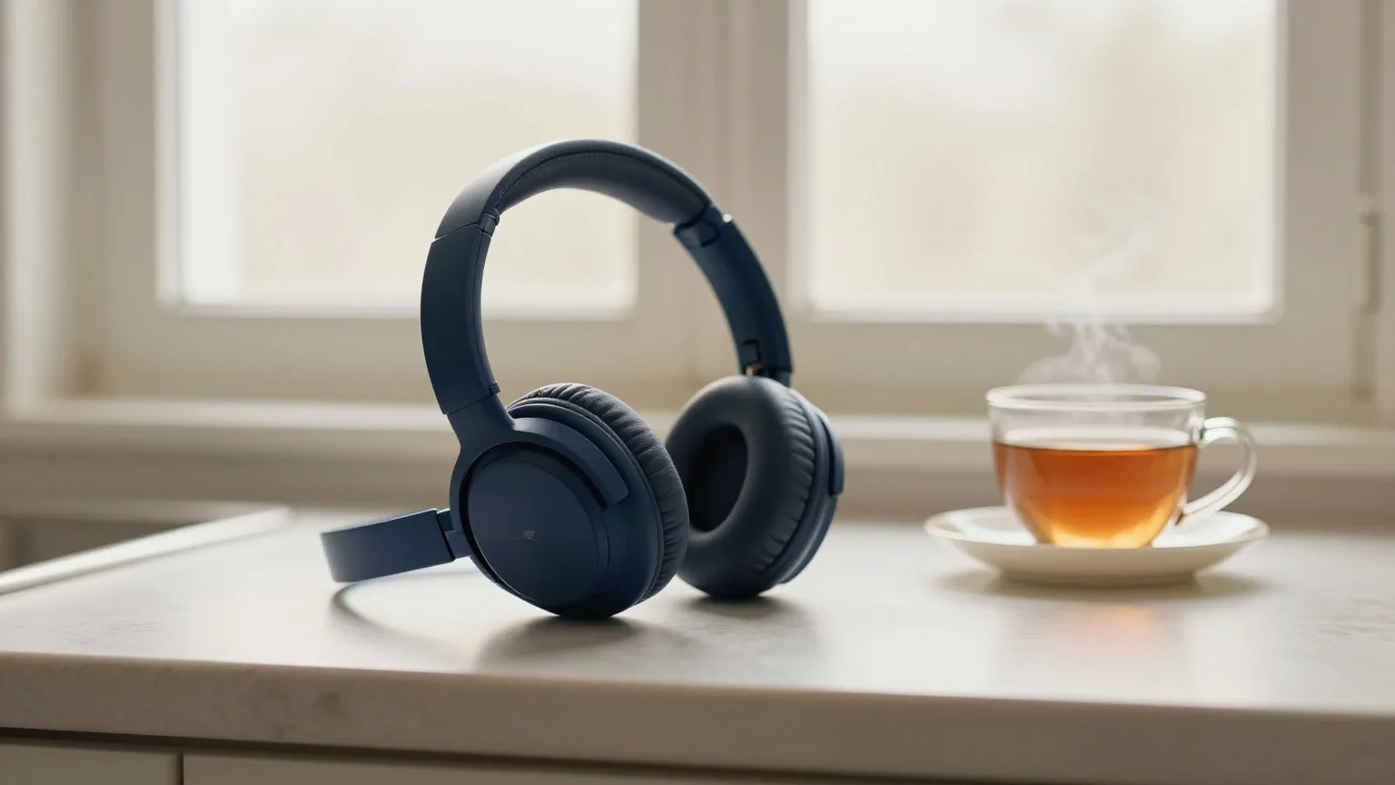 Tabletständer und Kopfhörer auf einer Küchentheke neben einer Tasse Tee, Fenster mit Morgendunst im Hintergrund