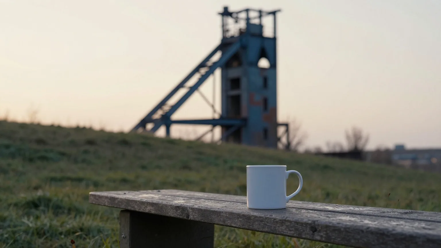 Holzbank an einem Grashang vor einem stillgelegten Förderturm im Abendlicht, auf der Bank ein weißer Becher ohne Aufdruck