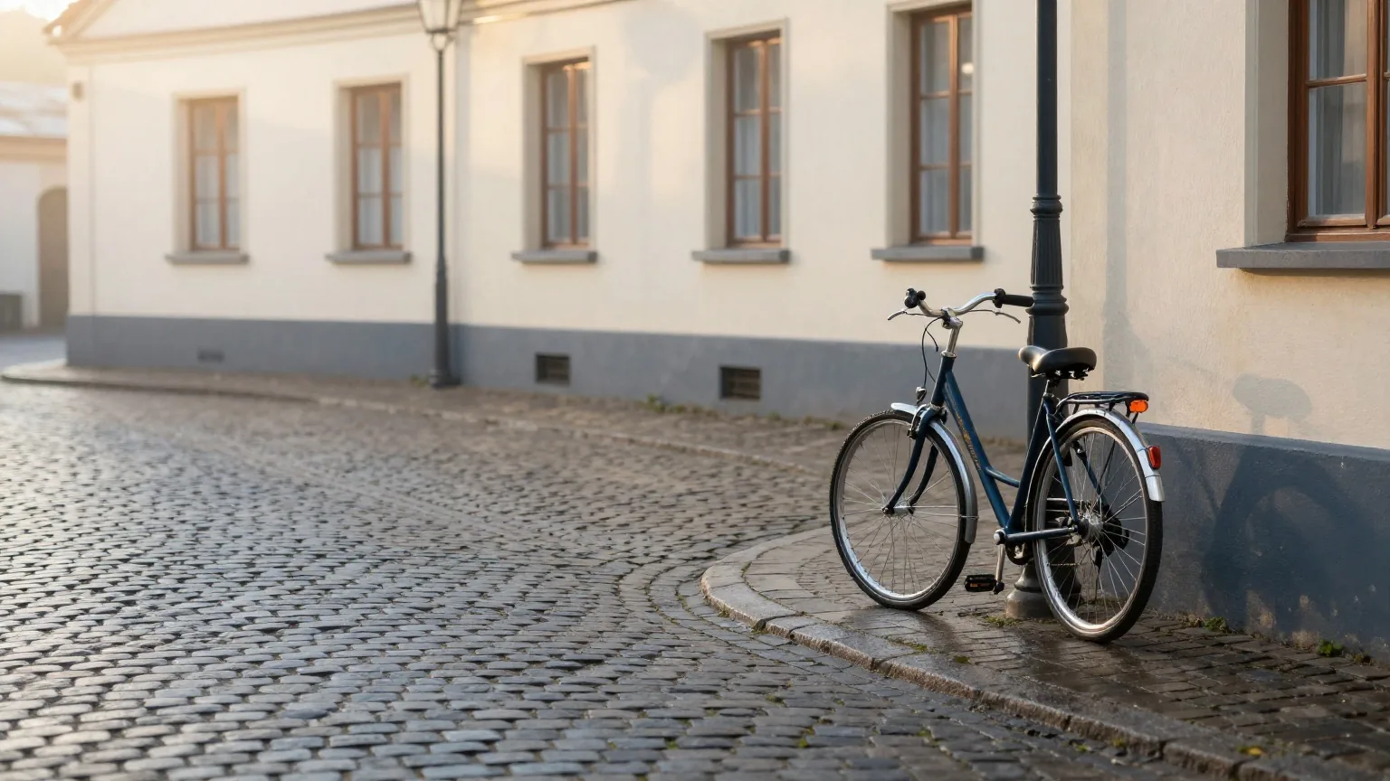 Ruhiger Marktplatz im Morgengrauen mit nassem Kopfsteinpflaster und einem Fahrrad an einer Laterne, goldenes Morgenlicht