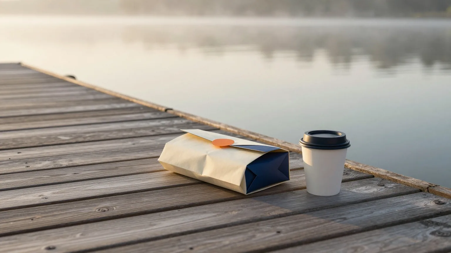 Hölzerner Steg an einem See bei Sonnenaufgang, auf den Planken ein gefaltetes Papierbündel nur von der Kante und eine Kaffeetasse, ruhiges Wasser und leichter Dunst