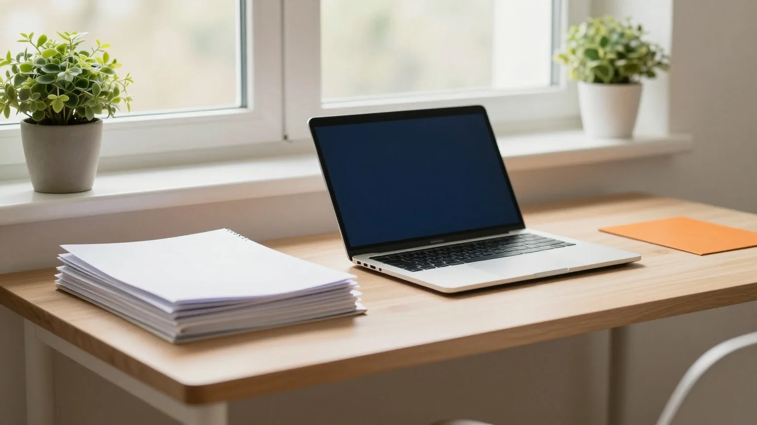 Aufgeräumter Holzschreibtisch in einem kleinen Büro mit zugeklapptem Laptop und einem Stapel Ordner, eine Zimmerpflanze auf der Fensterbank, weiches Morgenlicht