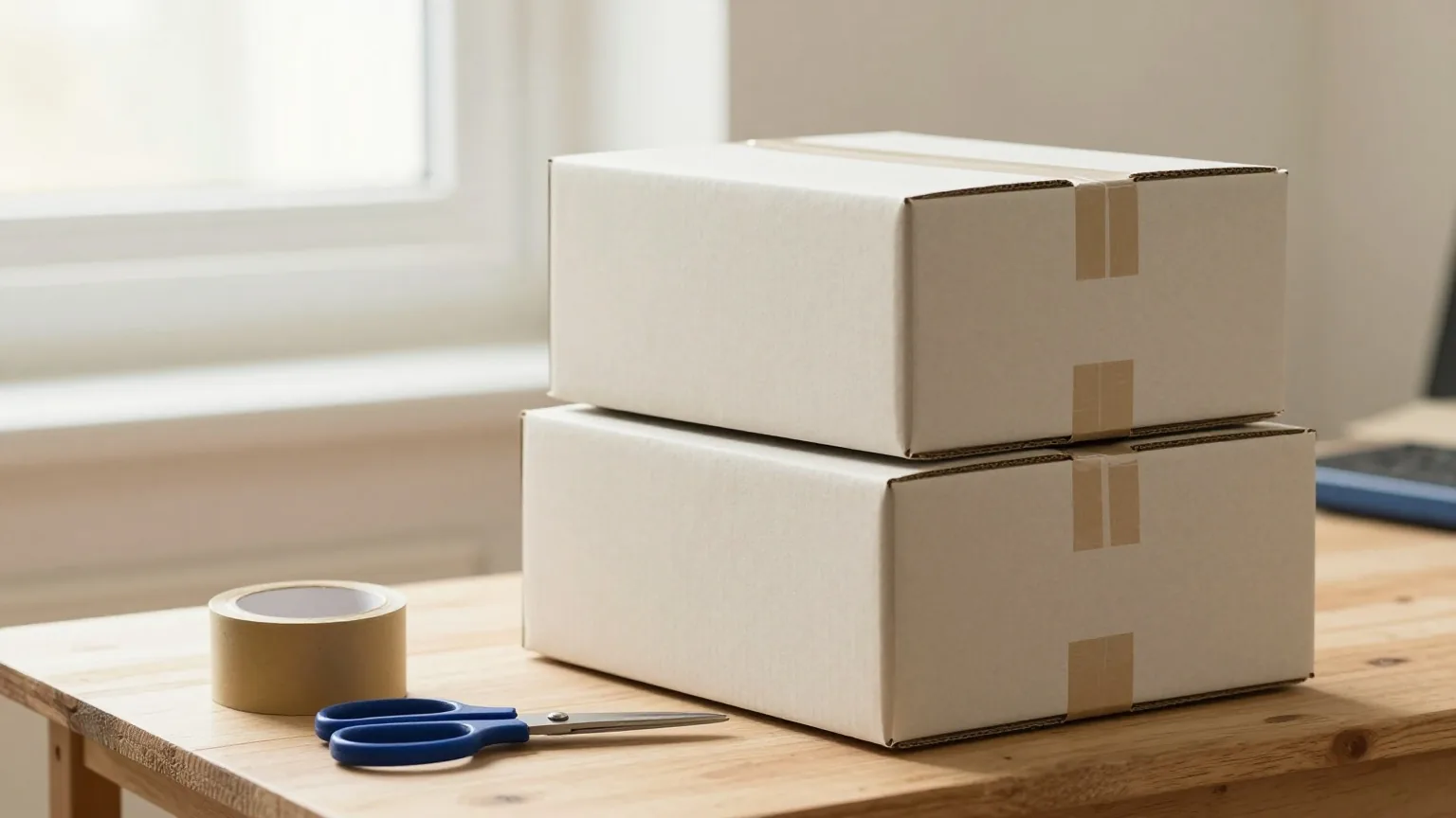 Schlichte Versandkartons auf einem hölzernen Packtisch neben einer Rolle braunem Klebeband und einer Schere in einer kleinen Werkstatt, weiches Tageslicht von oben