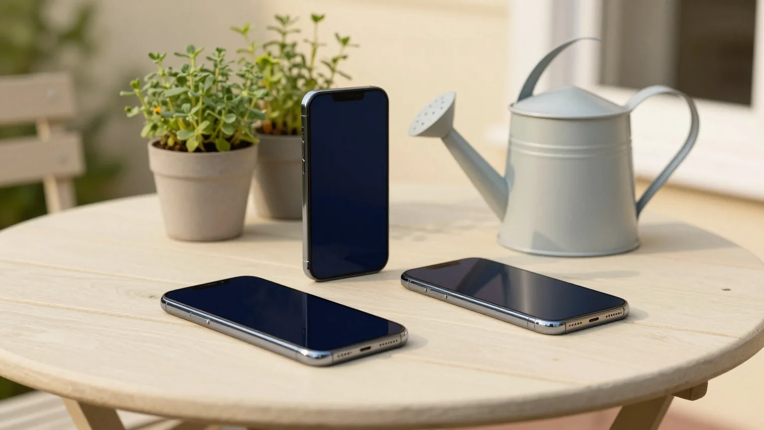 Zwei Smartphones mit dunklen Displays auf einem Holztisch auf einer Terrasse, dahinter Gießkanne und Kräutertöpfe, Licht an einem Frühsommerabend