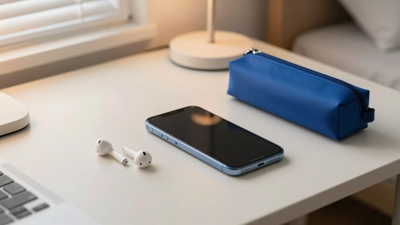 Ein ausgeschaltetes Smartphone auf einem Stapel geschlossener Schulhefte neben kabellosen Ohrhörern auf einem Schreibtisch im Abendlicht
