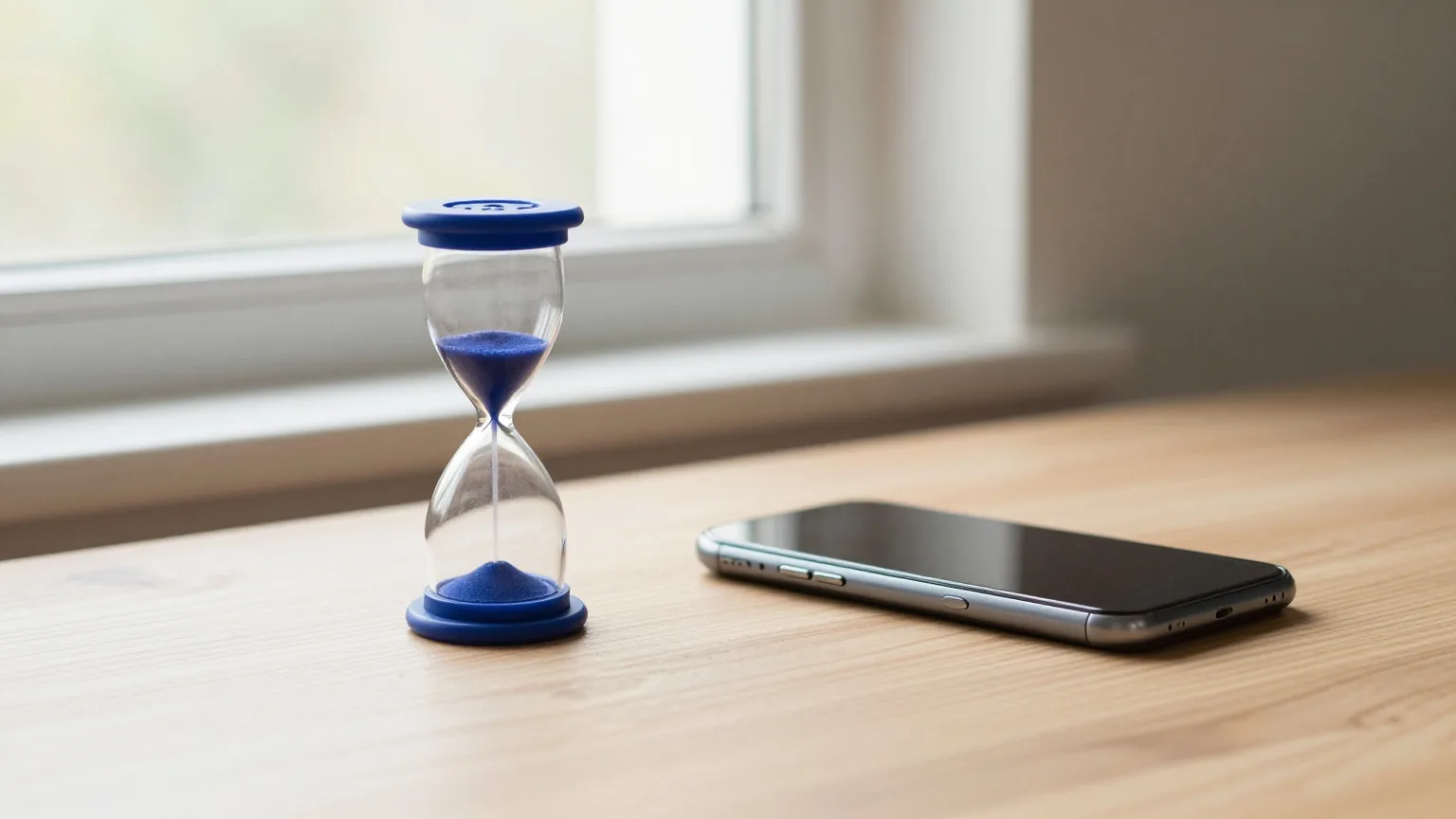 Kleine Sanduhr neben einem Smartphone mit dunklem Display auf einem aufgeräumten Eichenschreibtisch, weiches Seitenlicht von einem hohen Fenster