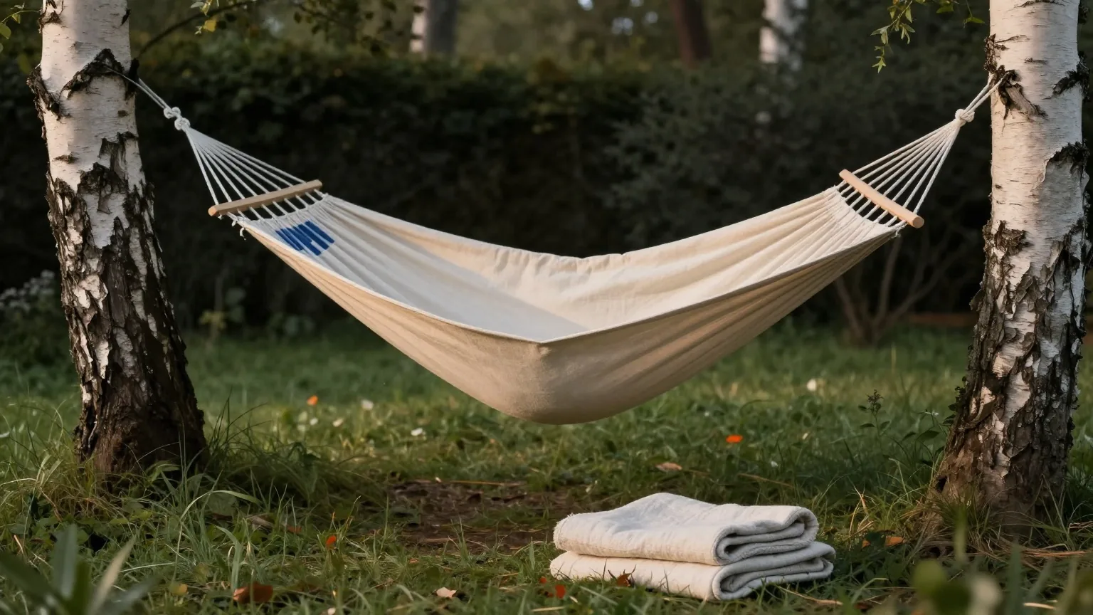 Hängematte zwischen zwei Birken in einem ruhigen Garten in der Dämmerung, auf dem Gras eine gefaltete Leinendecke