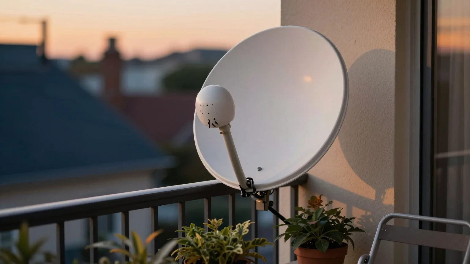 Weiße Satellitenschüssel an einem Balkongeländer in der Abenddämmerung, daneben Topfpflanzen und ein zusammengeklappter Gartenstuhl