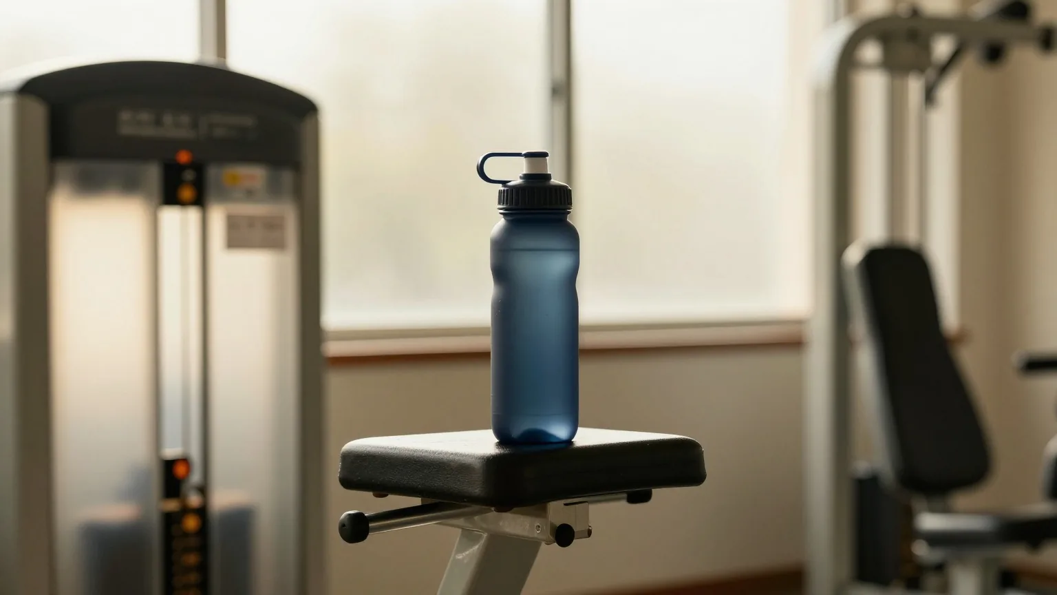 Eine Trinkflasche am Rand einer Beinpresse in einem leeren Kraftbereich, Licht am späten Nachmittag durch Milchglasfenster