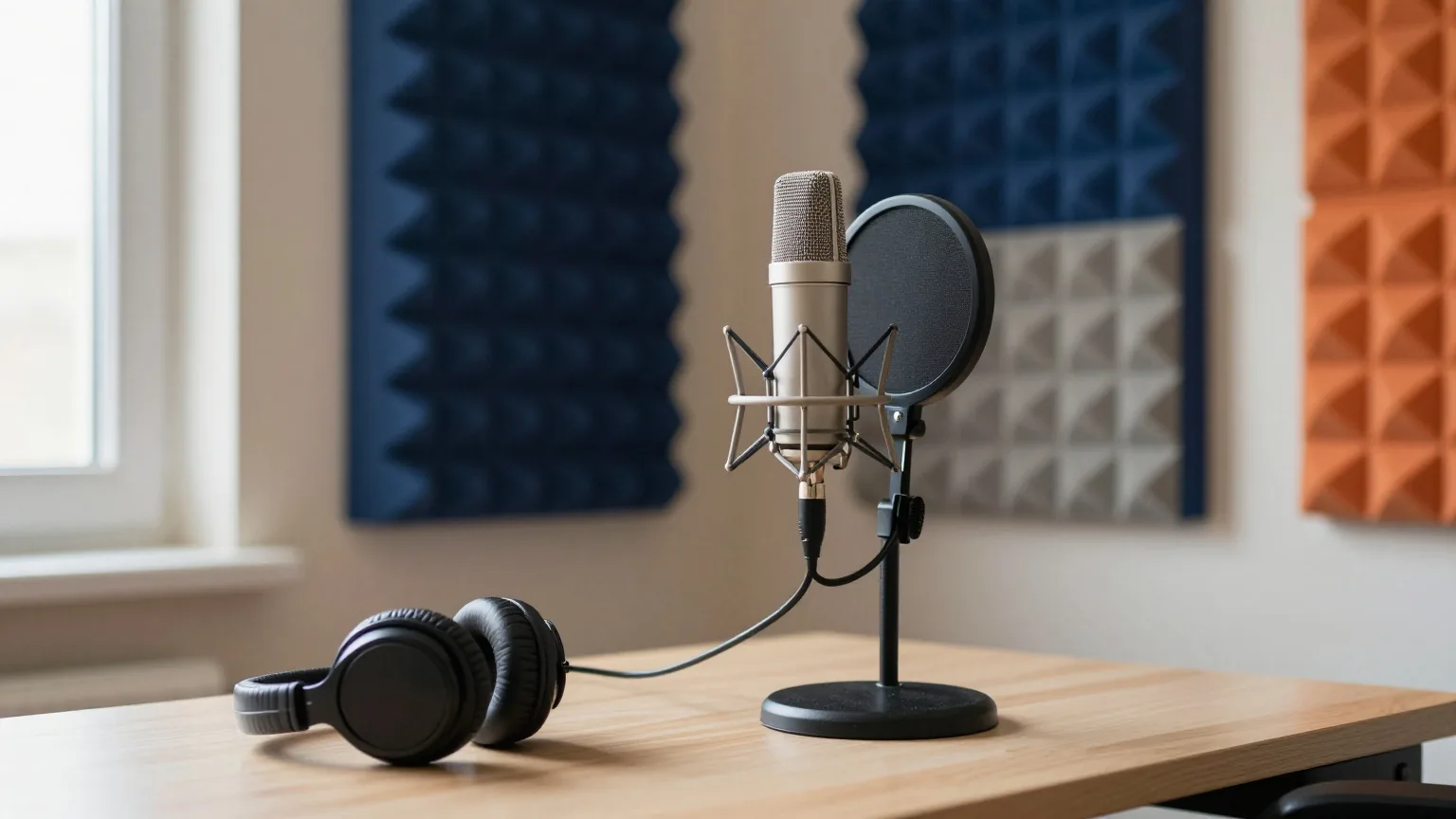 Studiomikrofon auf einem Tischständer neben zusammengeklappten Kopfhörern in einem kleinen Heimstudio mit Schaumstoffplatten an der Wand, weiches Tageslicht von der Seite