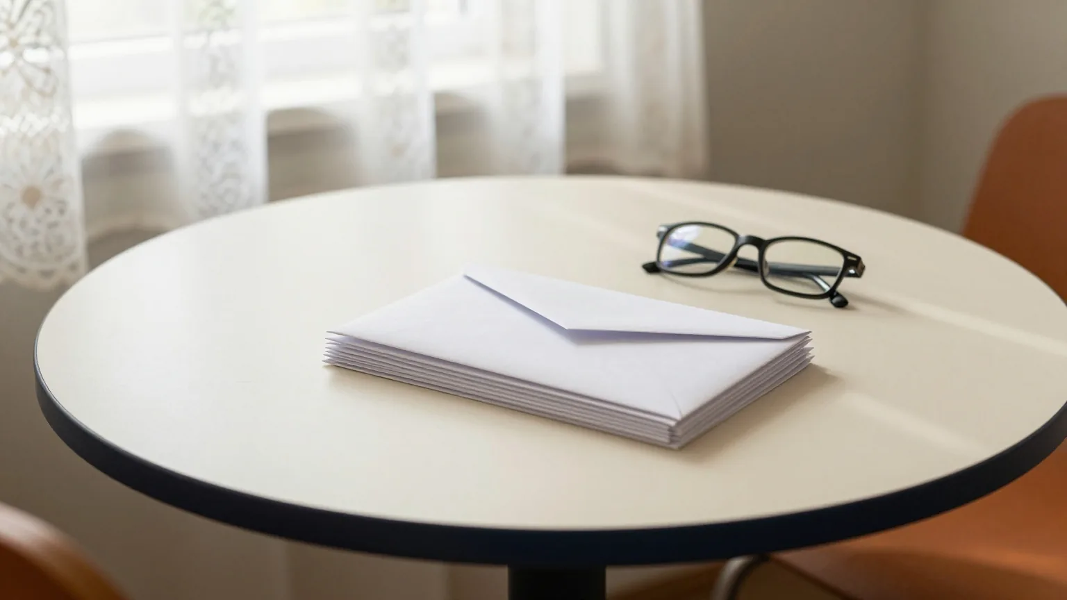Runder Tisch in einem kleinen Gemeinschaftsraum mit einem Stapel schlichter weißer Umschläge und einer Lesebrille, Spitzengardinen am Fenster, weiches Nachmittagslicht