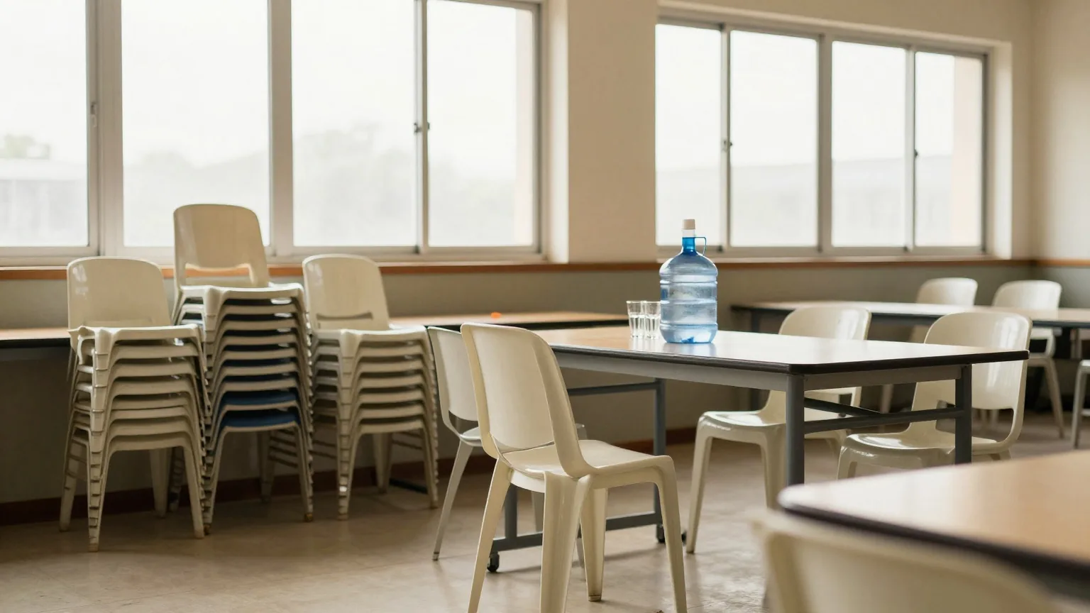 Leerer Gemeindesaal mit gestapelten Kunststoffstühlen und einem langen Tisch mit Wasserkrug und Gläsern, tief stehendes Nachmittagslicht durch hohe Fenster
