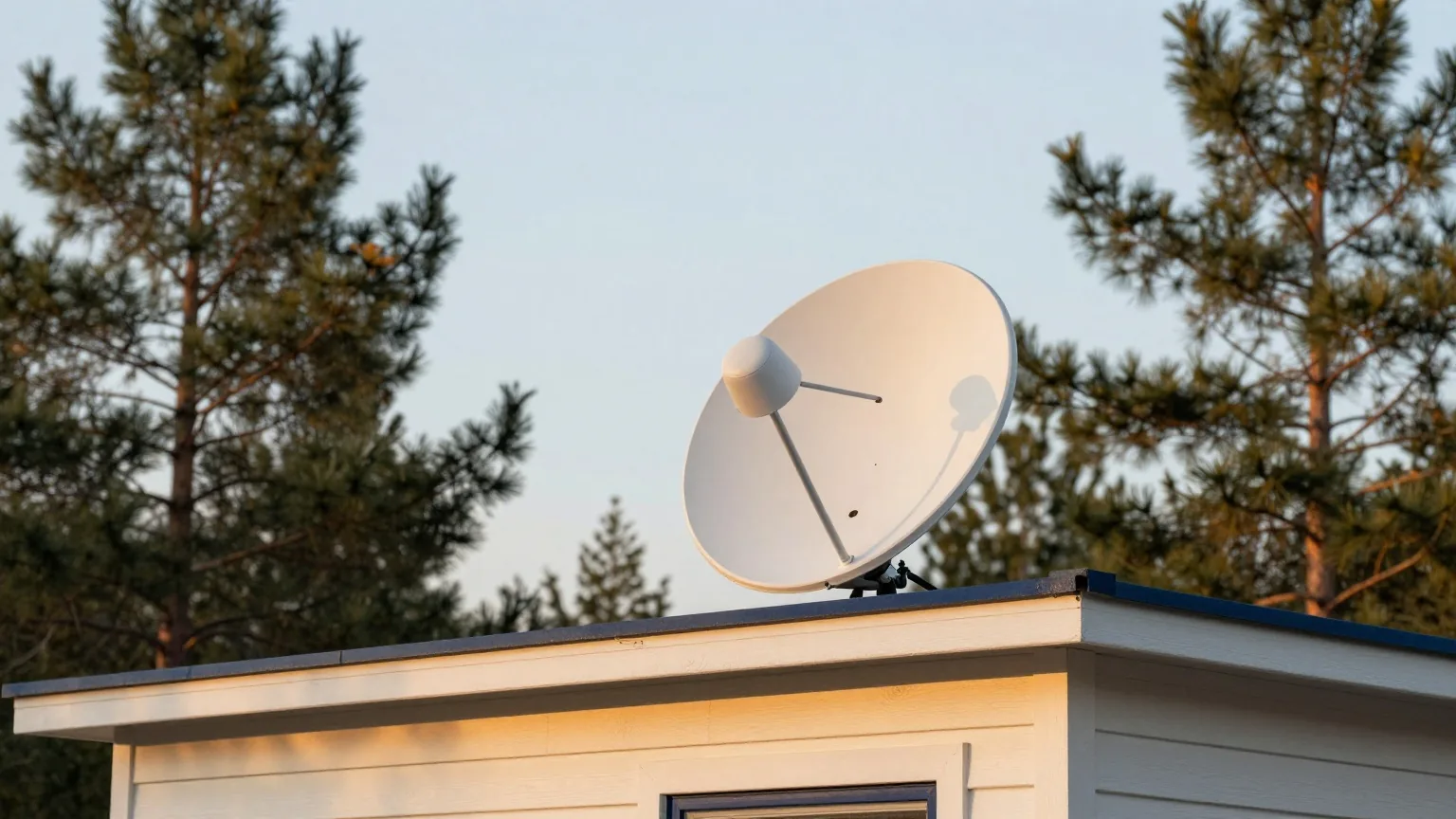 Flache weiße Satellitenantenne auf dem Dachfirst einer abgelegenen Holzhütte zwischen Kiefern im fahlen Morgenlicht