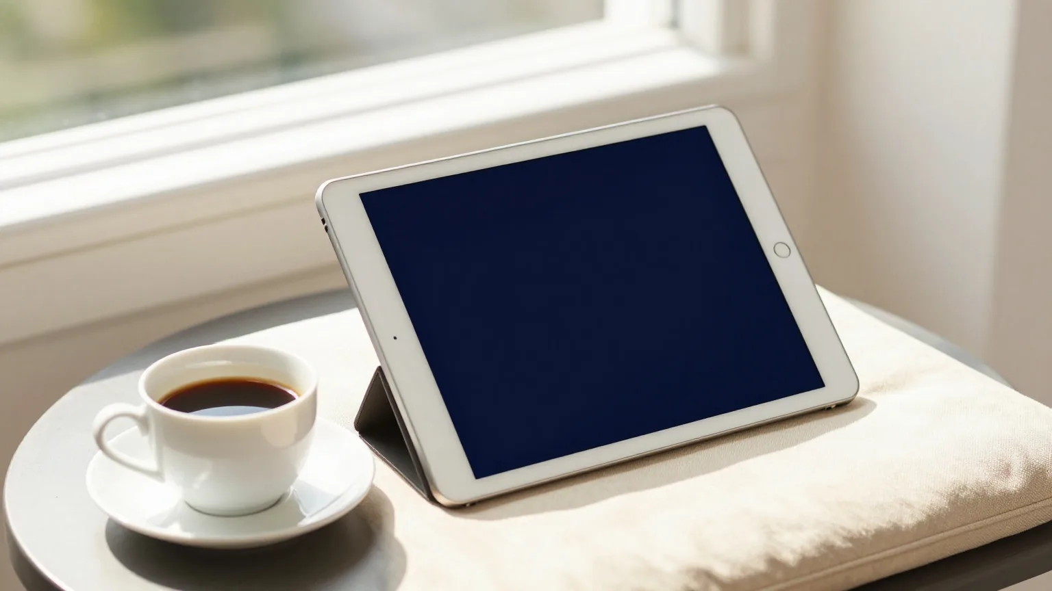 Tablet mit dunklem Bildschirm an ein Kissen gelehnt auf einem Balkontisch neben einer Kaffeetasse, helles Morgenlicht