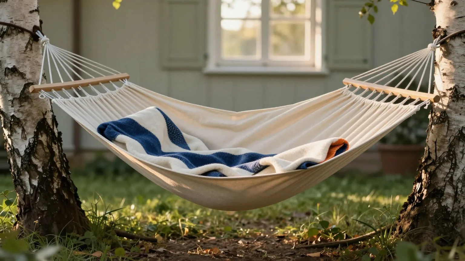 Hängematte zwischen zwei Birken in einem ruhigen Garten, darin eine gefaltete Wolldecke, Licht eines späten Sommerabends