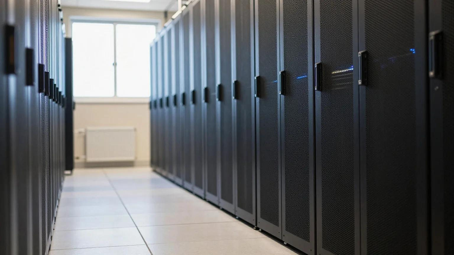 Ein langer ruhiger Gang zwischen hohen schwarzen Serverschränken in einem schwach beleuchteten Rechenzentrum mit kühlem blauem Licht