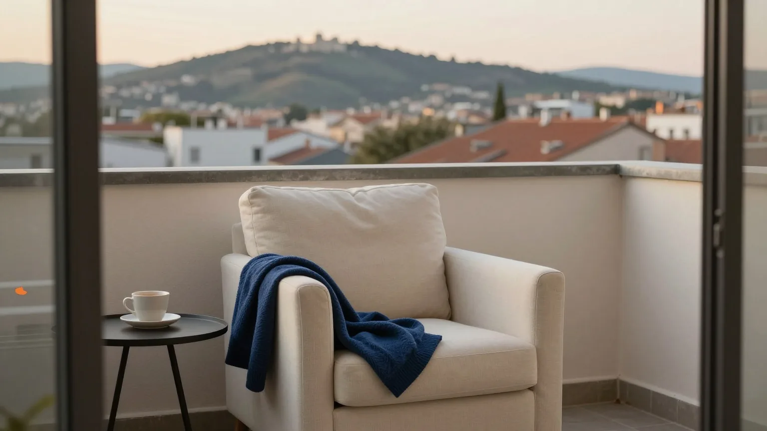 Leerer Sessel mit gefalteter Decke und kleinem Beistelltisch mit Tasse auf einem Balkon über den Dächern einer hügeligen Stadt im Abendlicht
