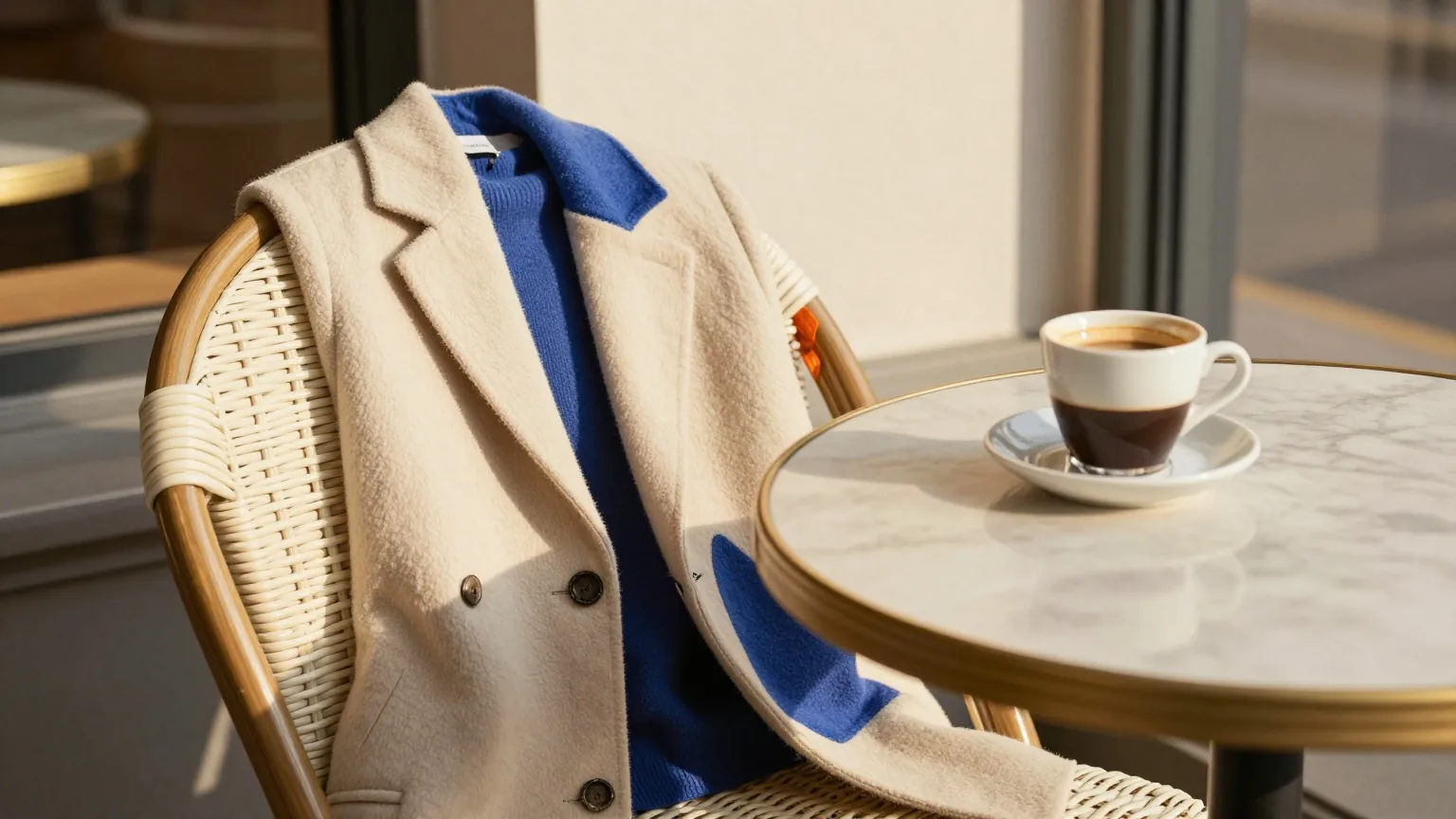 Korbstuhl auf einer Café-Terrasse mit gefaltetem Mantel über der Lehne und einer leeren Espressotasse auf einem kleinen runden Tisch, goldenes Licht am späten Nachmittag