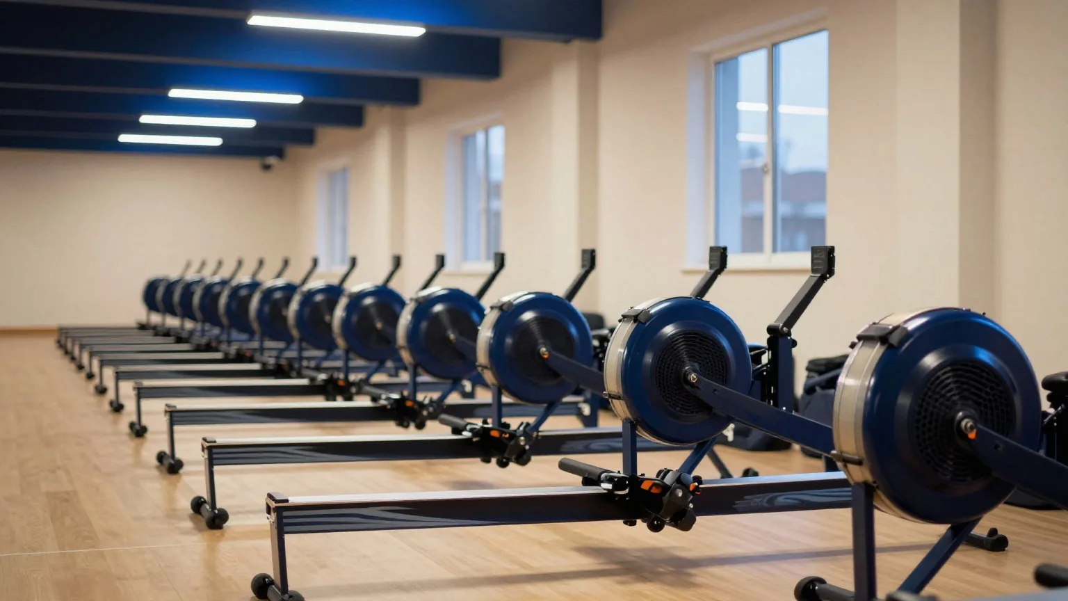 Lange Reihe von Rudergeräten in einem ruhigen Fitnessstudio bei Nacht, kühles blaues Licht von der Decke, Blick vom Ende der Reihe